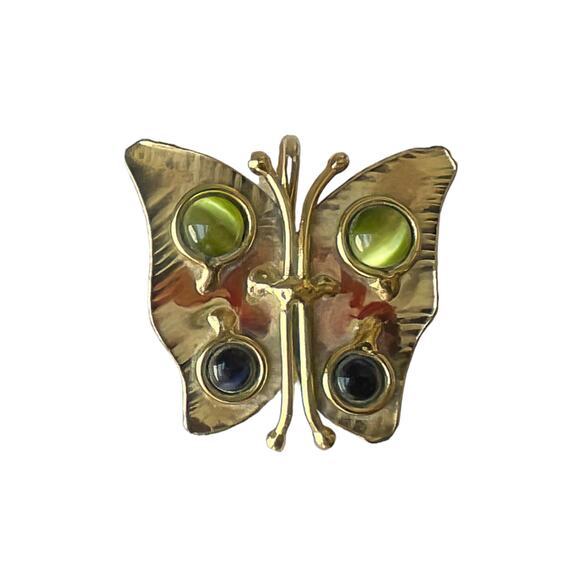 1970s Handcrafted Brass Enamel & Glass Artisan Figural Butterfly Brooch/Pendant - Picture 1 of 3